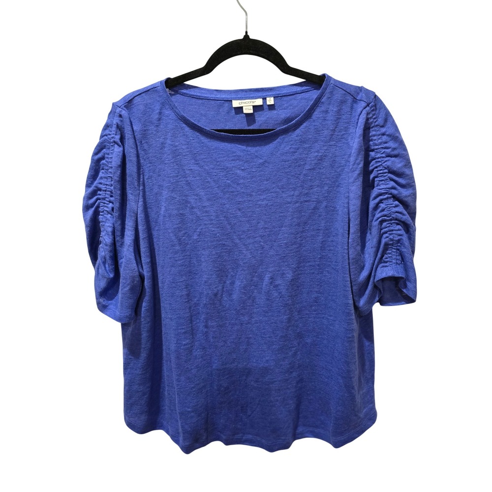 Chicos Blue 100% Linen Ruched Sleeve Top Blouse Sz 2  L Short Sleeve Blue